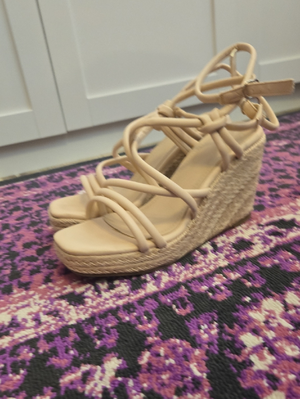 Women's Beige Strappy Espadrille Wedge Sandals